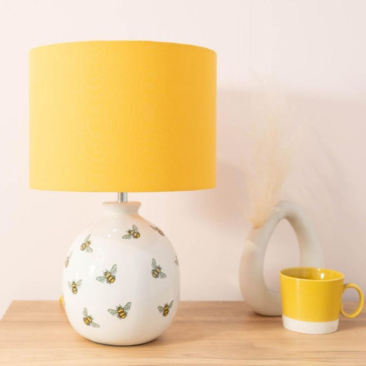 Picture of Bumble Bee Table Lamp White Ceramic Base Yellow Lampshade Living Room Light