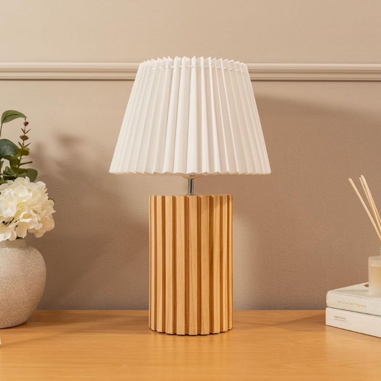 Picture of Wooden Table Lamp Base White Pleated Lampshade Shade Natural Living Room Light