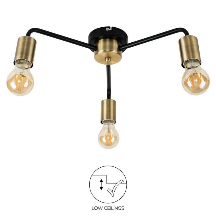 Picture of Matt Black & Gold Ceiling Light Fitting Metal Industrial 3 Way Lights with no bulb