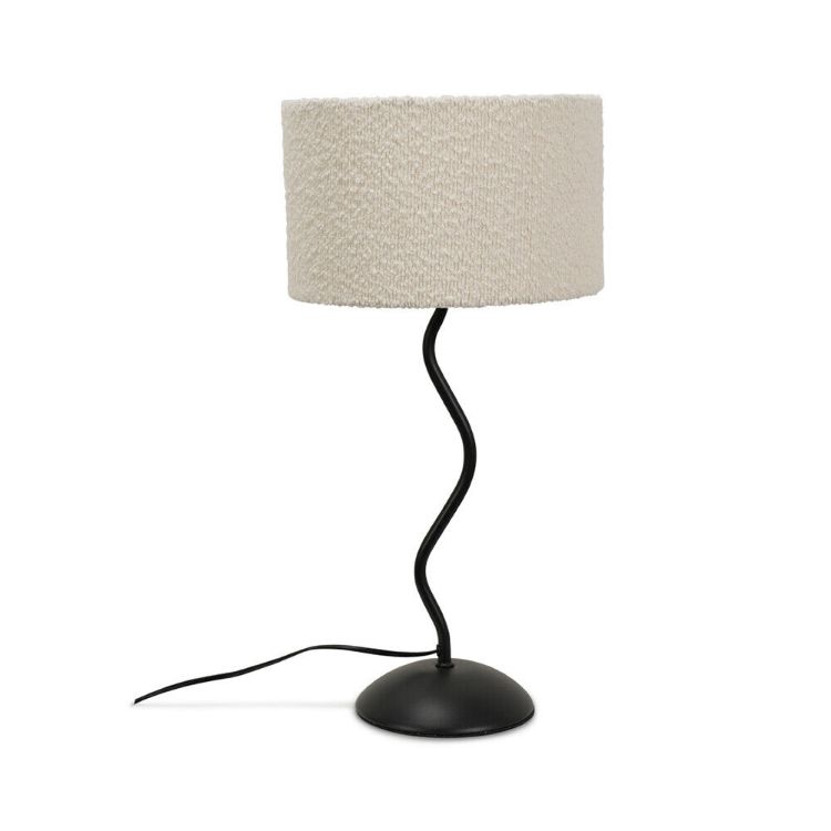 Picture of Black Metal Wiggle Table Lamp Bedside Bedroom Waved Light Cream Boucle Lampshade
