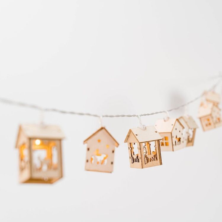 Picture of Battery String Lights 10x Wooden Houses with Reindeers Christmas Fairy Lights