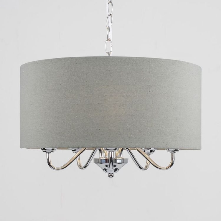 Picture of Chrome Suspended 5 Way Ceiling Light Fitting Slimline Grey Linen Shade LED Bulb