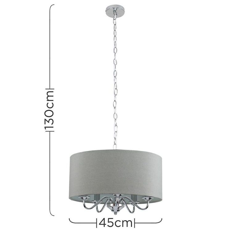 Picture of Chrome Suspended 5 Way Ceiling Light Fitting Slimline Grey Linen Shade LED Bulb