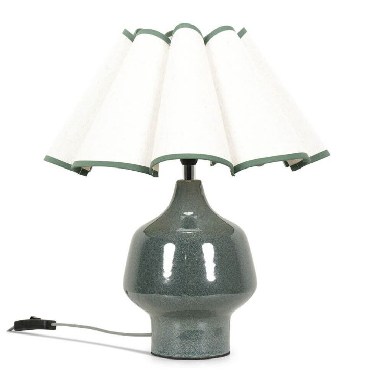 Picture of Green Glazed Ceramic Table Lamp Speckled Base Wavy Cream Shade Living Room Light
