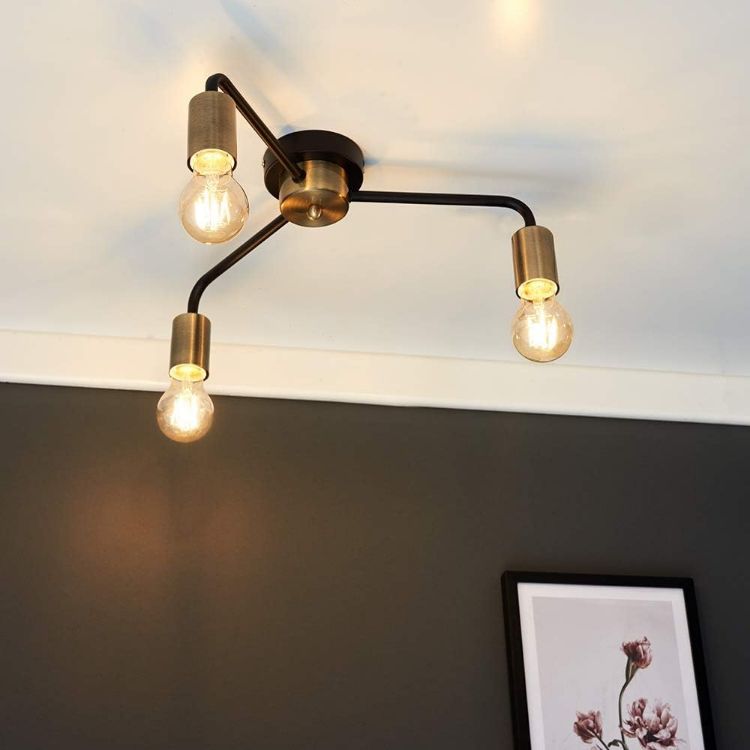 Picture of Matt Black & Gold Ceiling Light Fitting Metal Industrial 3 Way Lights LED Bulbs