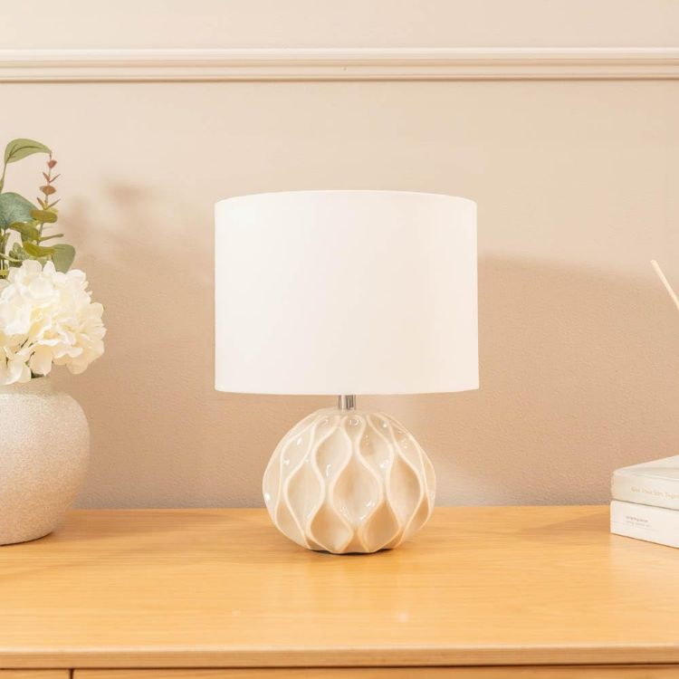 Picture of Natural Ceramic Table Lamp Base Cream Lampshade Bedside Bedroom Light LED Bulb