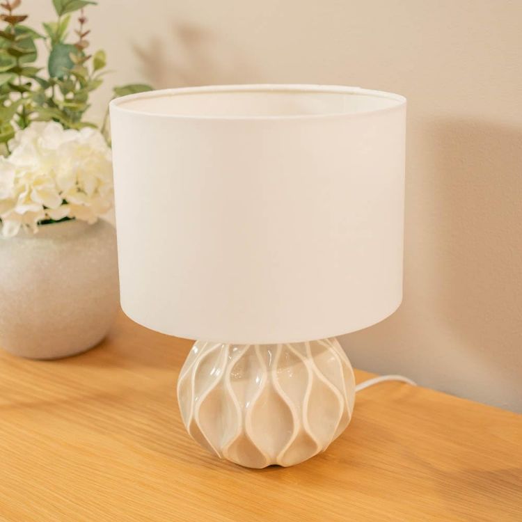 Picture of Natural Ceramic Table Lamp Base Cream Lampshade Bedside Bedroom Light LED Bulb