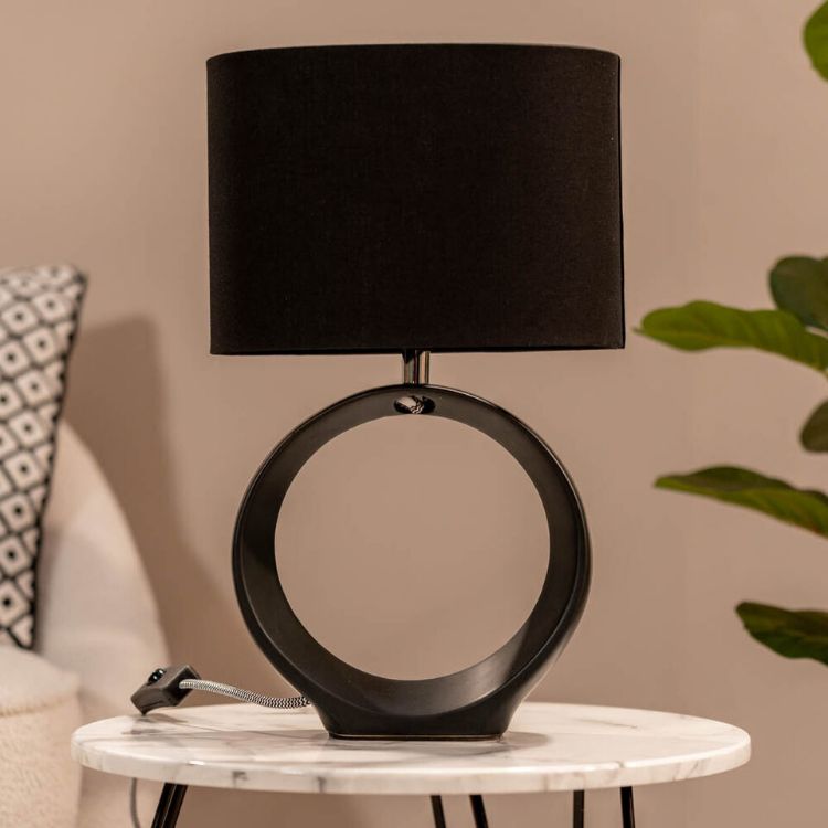 Picture of Black Hoop Table Lamp Ceramic Living Room Light Drum Shade LED Bulb