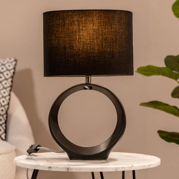 Picture of Black Hoop Table Lamp Ceramic Living Room Light Drum Shade LED Bulb