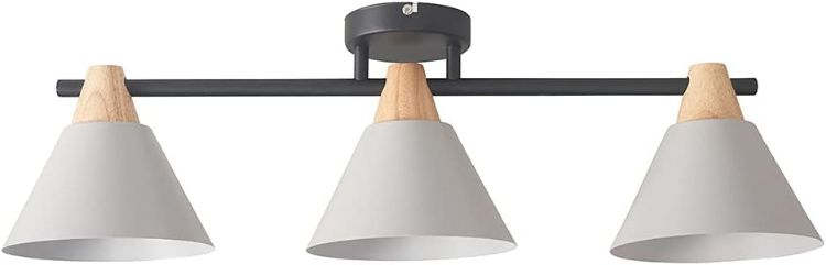 Picture of Metal 3 Way Ceiling Light Fitting Wood & Grey Tapered Shades LED Bulb Lighting