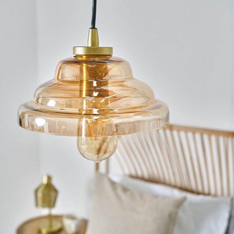 Picture of Lustre Amber Glass Ceiling Light Fitting Antique Brass Hanging Pendant LED Bulb