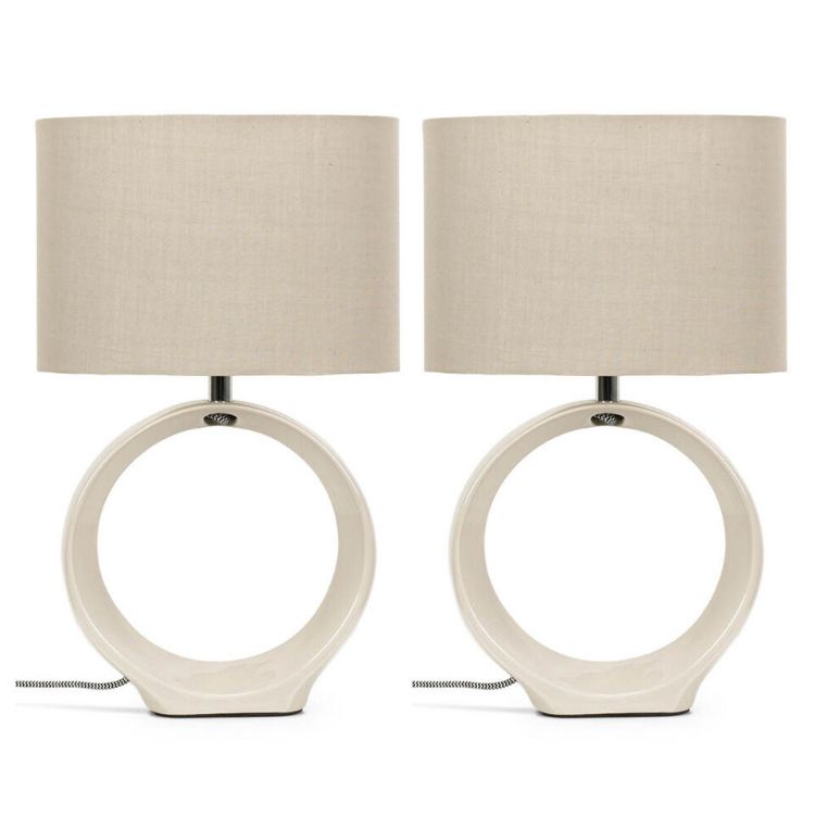 Picture of Pair of Hoop Table Lamps Ceramic Base Living Room Lights Drum Shades LED Bulb