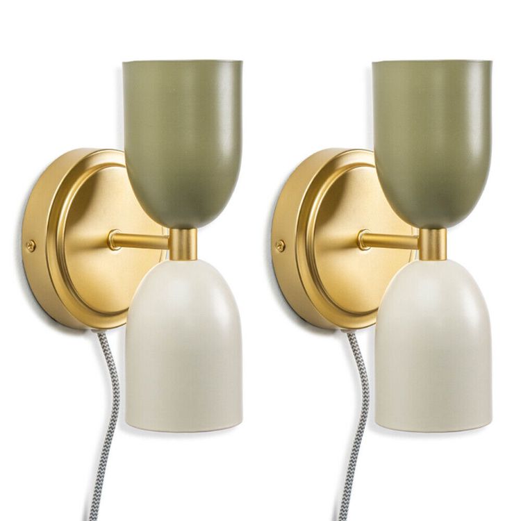 Picture of Pair of Gold Up & Down Plug In Wall Lights Metal Lampshades Living Room Lamps