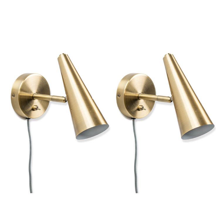 Picture of 2x Brushed Brass Plug In Wall Lights Adjustable Cone Shades Easy Fit Task Lamps