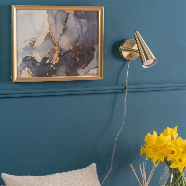 Picture of Brushed Brass Plug In Wall Light Adjustable Cone Lampshade Easy Fit Reading Lamp
