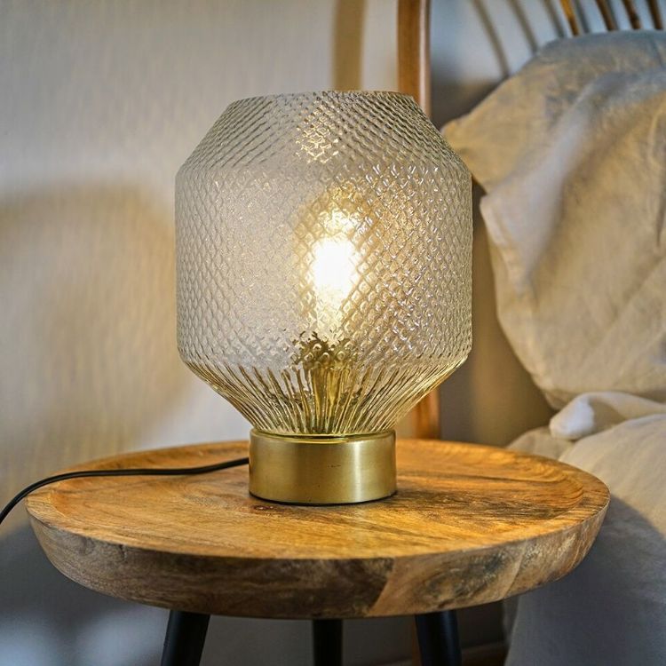 Picture of Antique Brass Table Lamp Textured Glass Lampshade Living Room Bedroom Light
