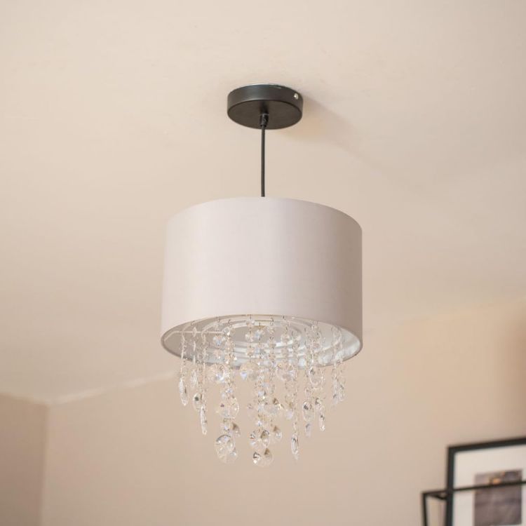 Picture of 2x Ceiling Light Shades Velvet Drum Lampshades Jewel Droplet Pendant LED Bulbs