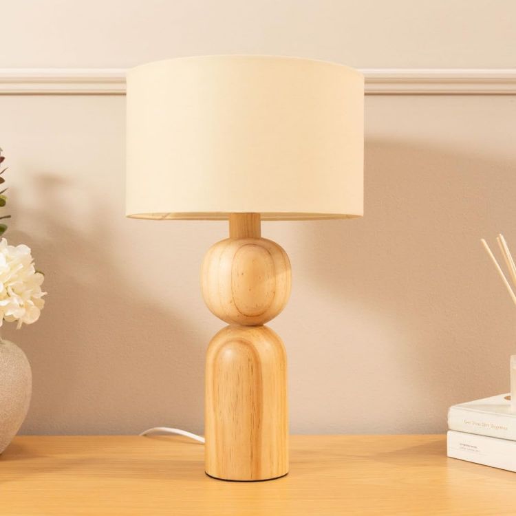 Picture of Oak Base Table Lamp Natural Drum Lampshade Living Room Bedroom Wooden Light