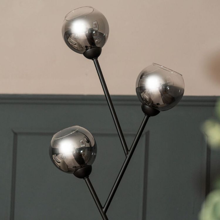 Picture of Black Metal Floor Lamp Smoked Glass Lampshade 3 Way Living Room Lights LED Bulbs