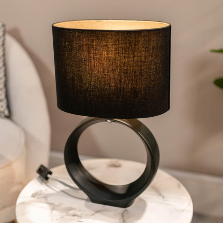 Picture of Black Hoop Ceramic Table Lamp with a Fabric Lampshade Living Room Bedroom Bedside Light