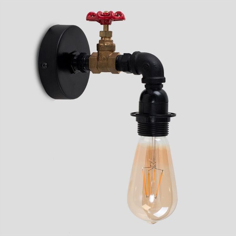 Picture of Black Metal Tap Wall Light Fitting Industrial Living Room Lighting LED Bulb