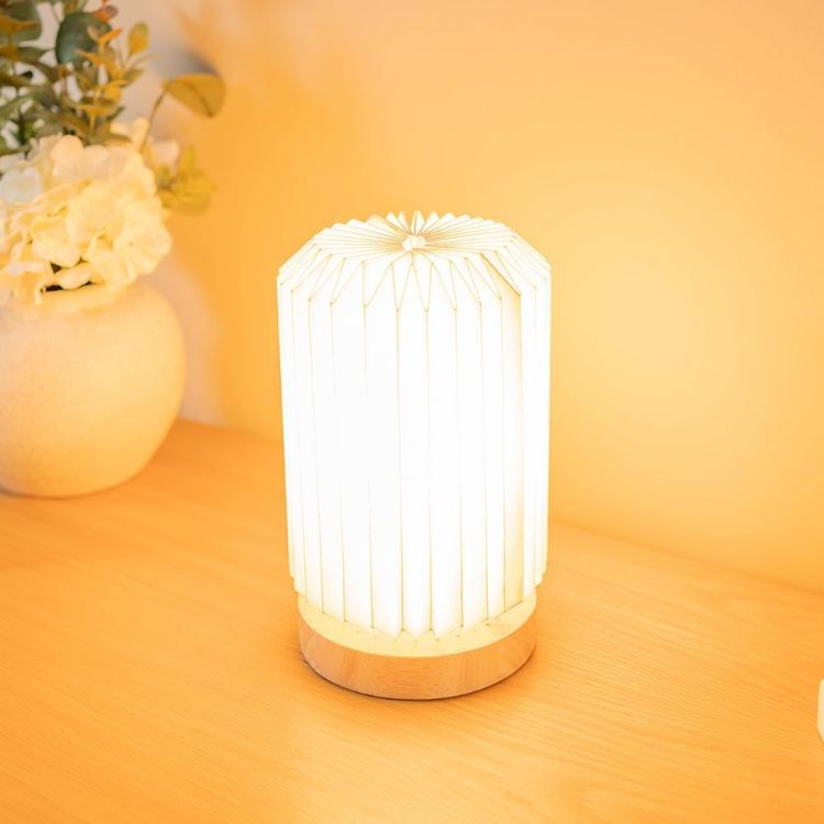 Picture of Wooden Base Table Lamp White Paper Fold Shade Bedside Living Room Light LED Bulb