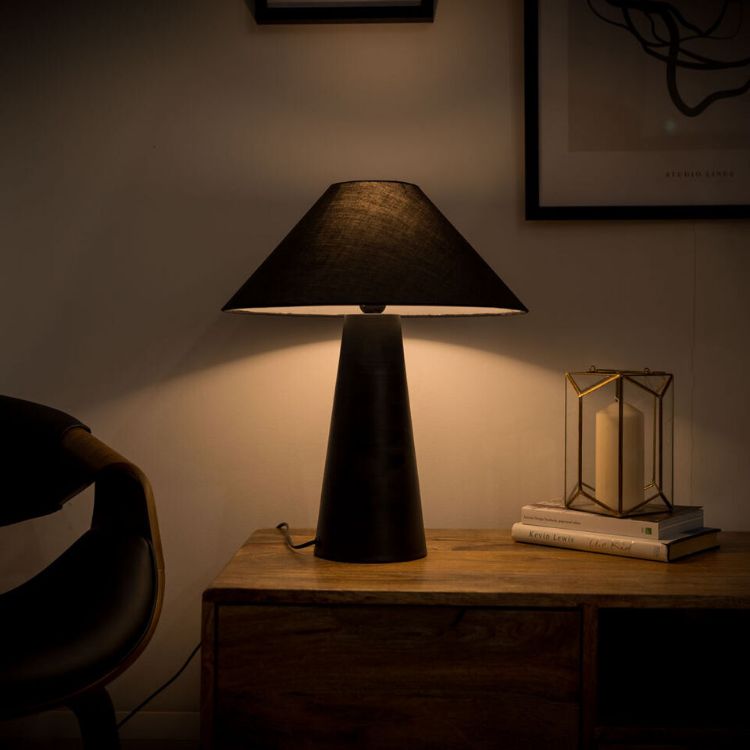 Picture of Matt Black Table Lamp Cone Base Lampshade Living Room Bedside Light LED Bulb