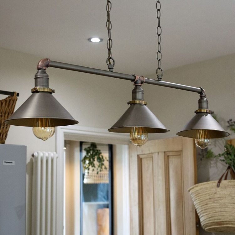 Picture of Industrial 3 Way Ceiling Light Suspended Over Kitchen Island Fitting LED Bulb