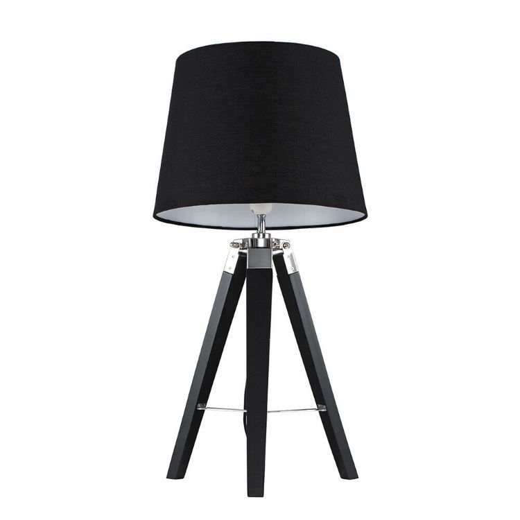 Picture of Tripod Table Lamp Wooden Bedside Living Room Light Tapered Cotton Lampshade LED