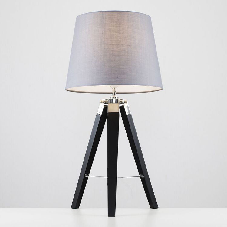 Picture of Tripod Table Lamp Wooden Bedside Living Room Light Tapered Cotton Lampshade LED 