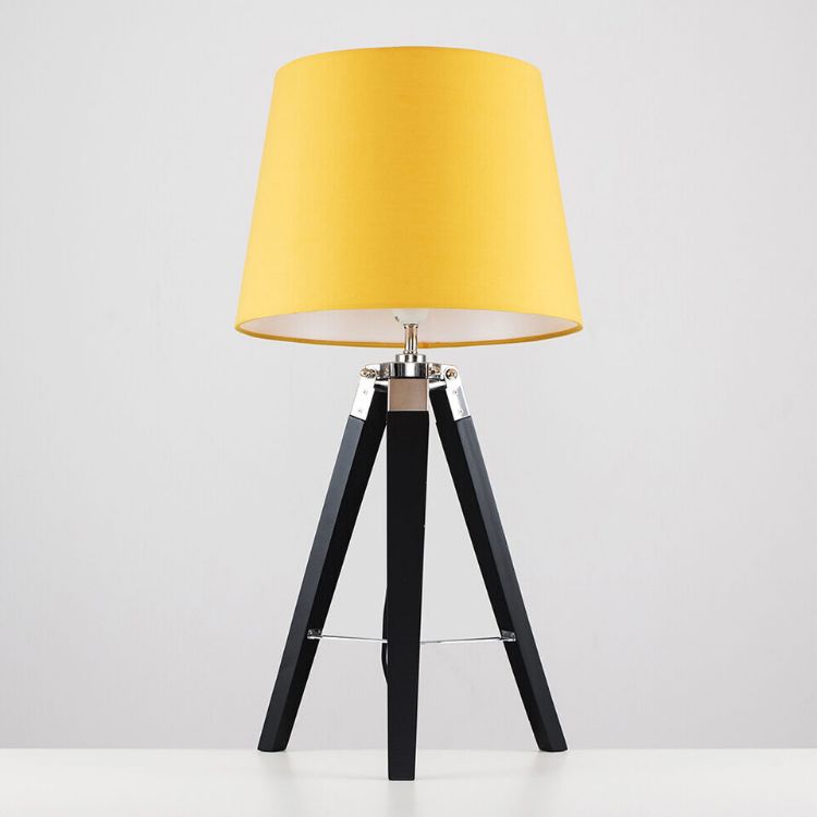 Picture of Tripod Table Lamp Wooden Bedside Living Room Light Tapered Cotton Lampshade LED 