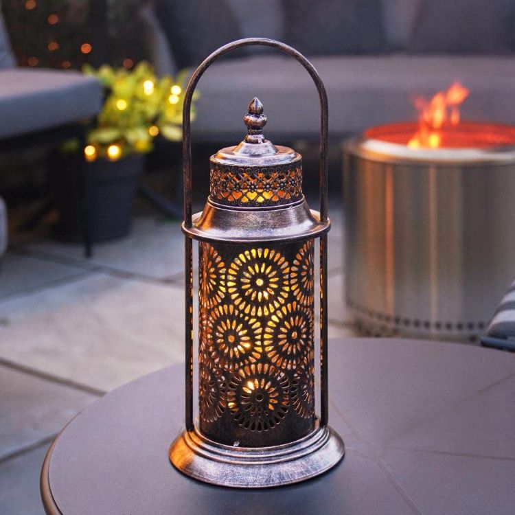 Picture of 40cm Solar Bronze Metal Moroccan LED Light Up Hanging Outdoor Garden Lantern