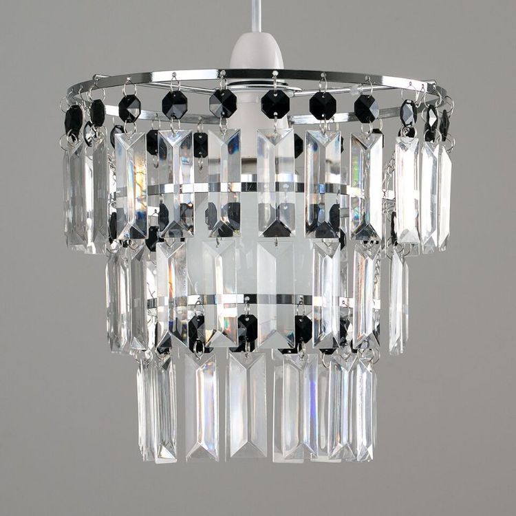 Picture of Modern 3 Tier Ceiling Pendant Light Shade with Clear Acrylic Jewel Droplets, Chrome Chandelier Light Shade