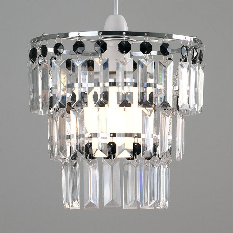Picture of Modern 3 Tier Ceiling Pendant Light Shade with Clear Acrylic Jewel Droplets, Chrome Chandelier Light Shade