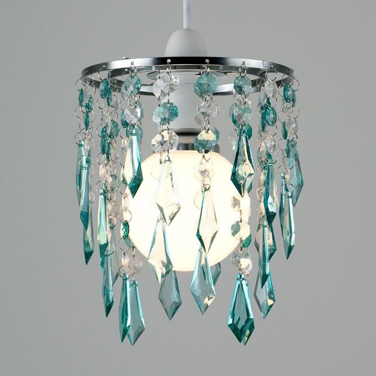 Picture of Elegant Chandelier Design Ceiling Pendant Light Shade with Beautiful Teal and Clear Acrylic Jewel Effect Droplets