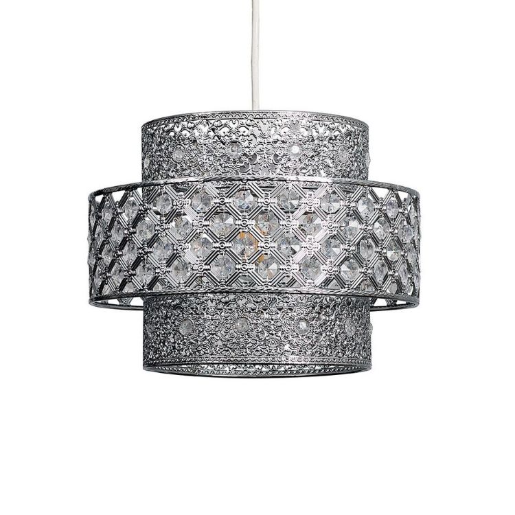 Picture of Modern 3 Tier Intricate Pattern Chrome Ceiling Pendant Light Shade with Clear Acrylic Crystal Jewels