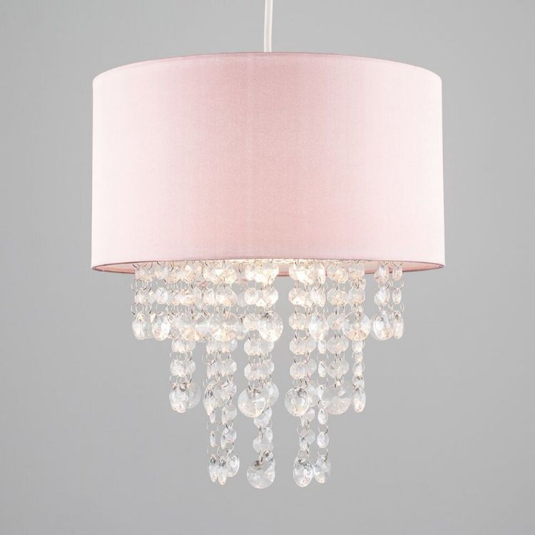 Picture of Modern Pink Cylinder Ceiling Pendant Light Shade with Clear Acrylic Jewel Effect Droplets