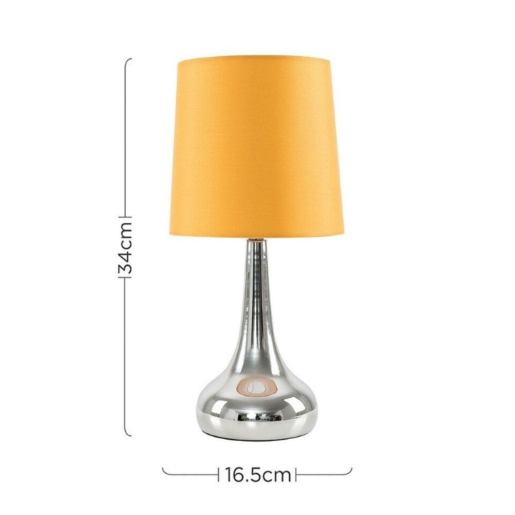 Picture of  Pair of Modern Chrome Teardrop Touch Bed Side Table Lamps with Mustard Fabric Shades Complete with 5w LED Bulbs 