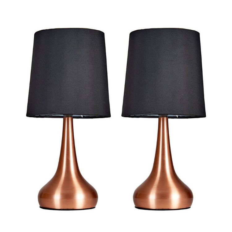 Picture of Pair of Modern Copper Teardrop Touch Bedside Table Lamps with Black Fabric Shades