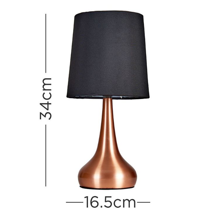 Picture of Pair of Modern Copper Teardrop Touch Bedside Table Lamps with Black Fabric Shades