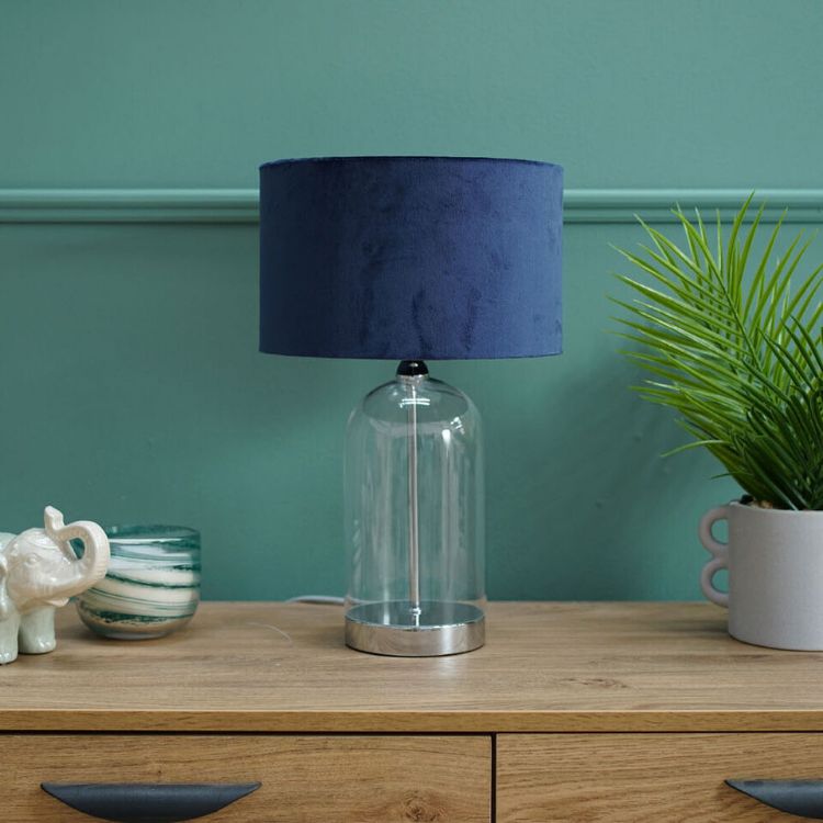 Picture of Velvet Lampshade Glass Table Lamp Chrome Base for Living Room or Bedroom Lighting