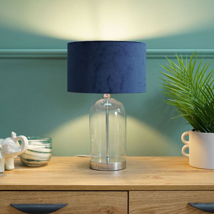 Picture of Velvet Lampshade Glass Table Lamp Chrome Base for Living Room or Bedroom Lighting