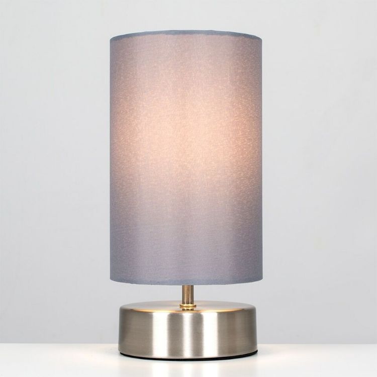 Picture of Modern Brushed Chrome Touch Dimmer Bedside Table Lamp with Grey Cylinder Light Shade