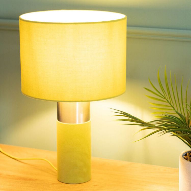 Picture of Velvet Table Lamp Base Drum Lampshade Shade Living Room Bedroom Light LED Bulb Green