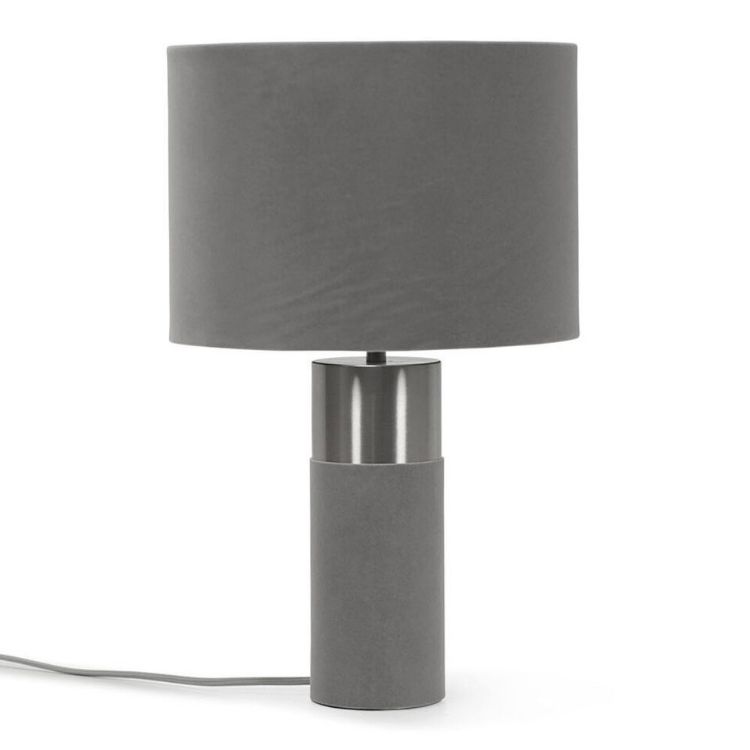 Picture of Charcoal Grey Velvet And Silver Chrome Bedside Table Lamp With A Drum Lampshade 