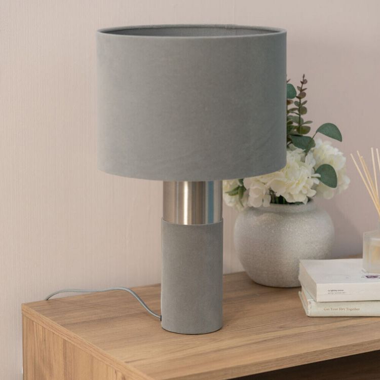 Picture of Charcoal Grey Velvet And Silver Chrome Bedside Table Lamp With A Drum Lampshade 