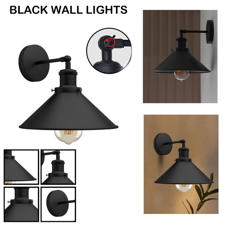 Picture of Vintage Industrial Black Wall Light Metal Lamp Shade Lights Cone Indoor Fitting