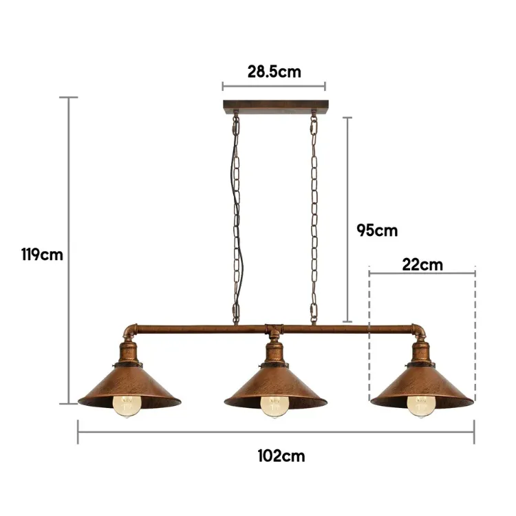 Picture of  3 Way Vintage Retro Style Steampunk Pipe Light Bar with Lamp Shade Pendant Light