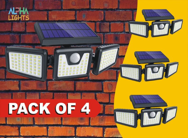 Picture of 74 LED Motion Sensor Solar Lights –  Outdoor Security Wall Lights,  3 Adjustable Heads, 800 Lumens, IP65 Waterproof. (4 Pack)