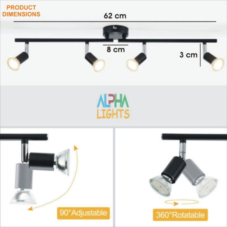 Picture of 4 Way Black Spot Lights GU10 Without Bulb | Modern Spotlight Ceiling Light, Adjustable Light Fittings Ceilings, Metal Spot Lights Ceiling For Kitchen Bedroom Living Room